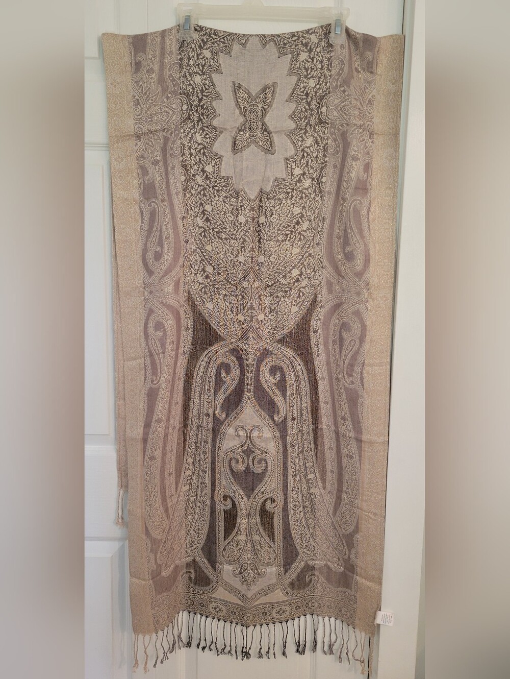 Neutral Paisley slight Gold shimmer Fringe Scarf Shawl